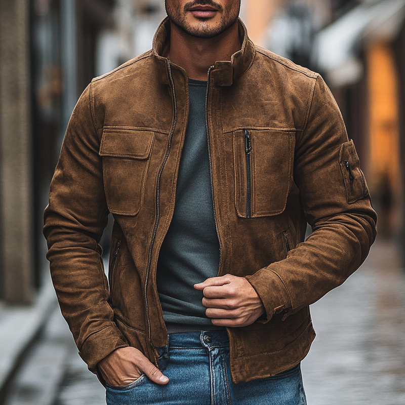 Men's Solid Faux Suede Stand Collar Zip-Up Jacket MTA2803I5X