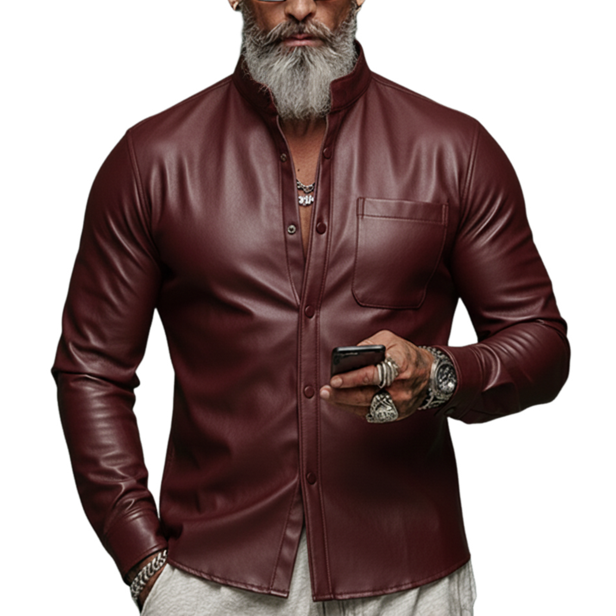 Men's Classic Vintage Slim-fit PU Leather Long-sleeved Shirt MTA1542L1K