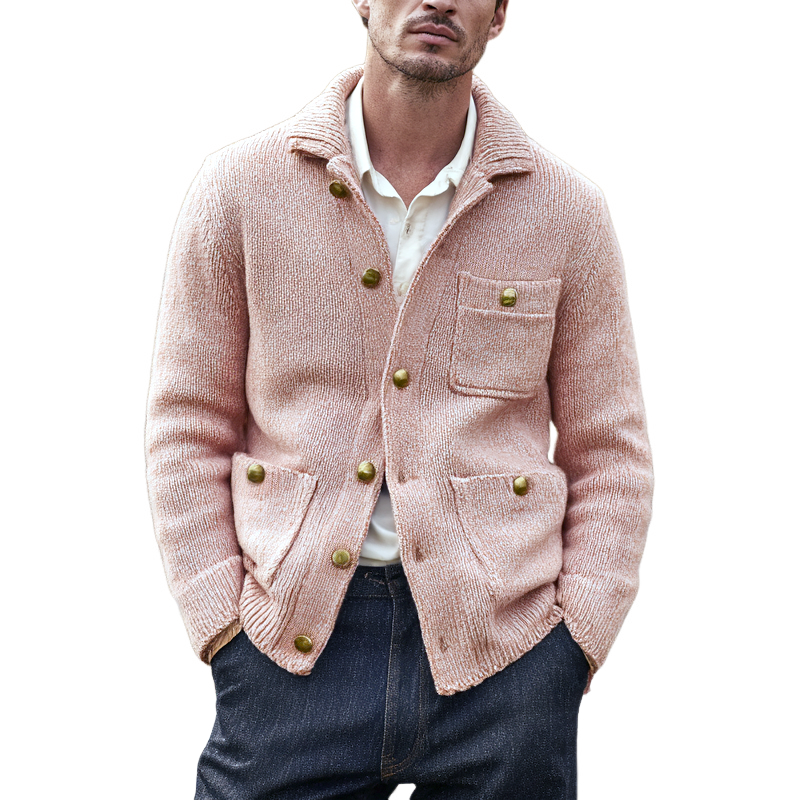 Men's Solid Knit Lapel Multi-pocket Single Breasted Jacket Cardigan MTA0386I5Z
