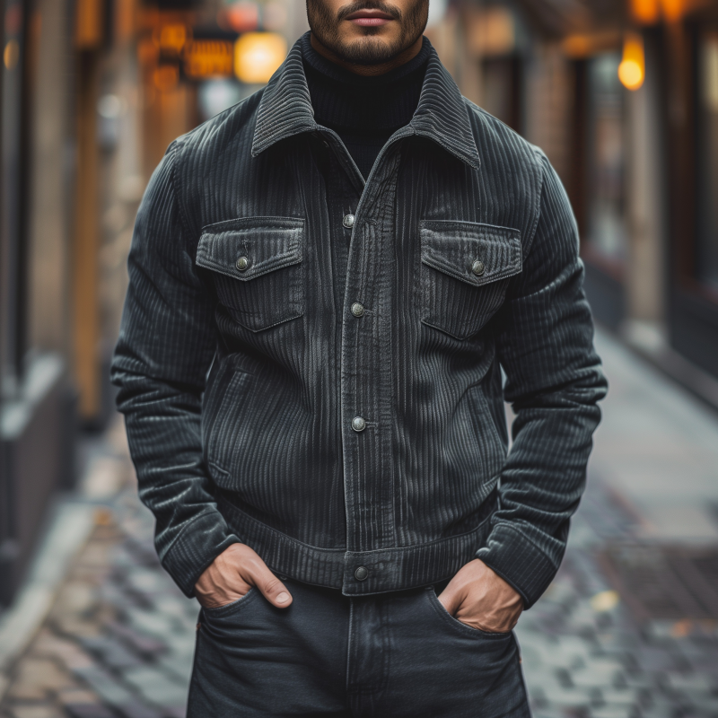 Men's Vintage Solid Color Corduroy Lapel Single-breasted Loose Warm Work Jacket MTA1478H6M
