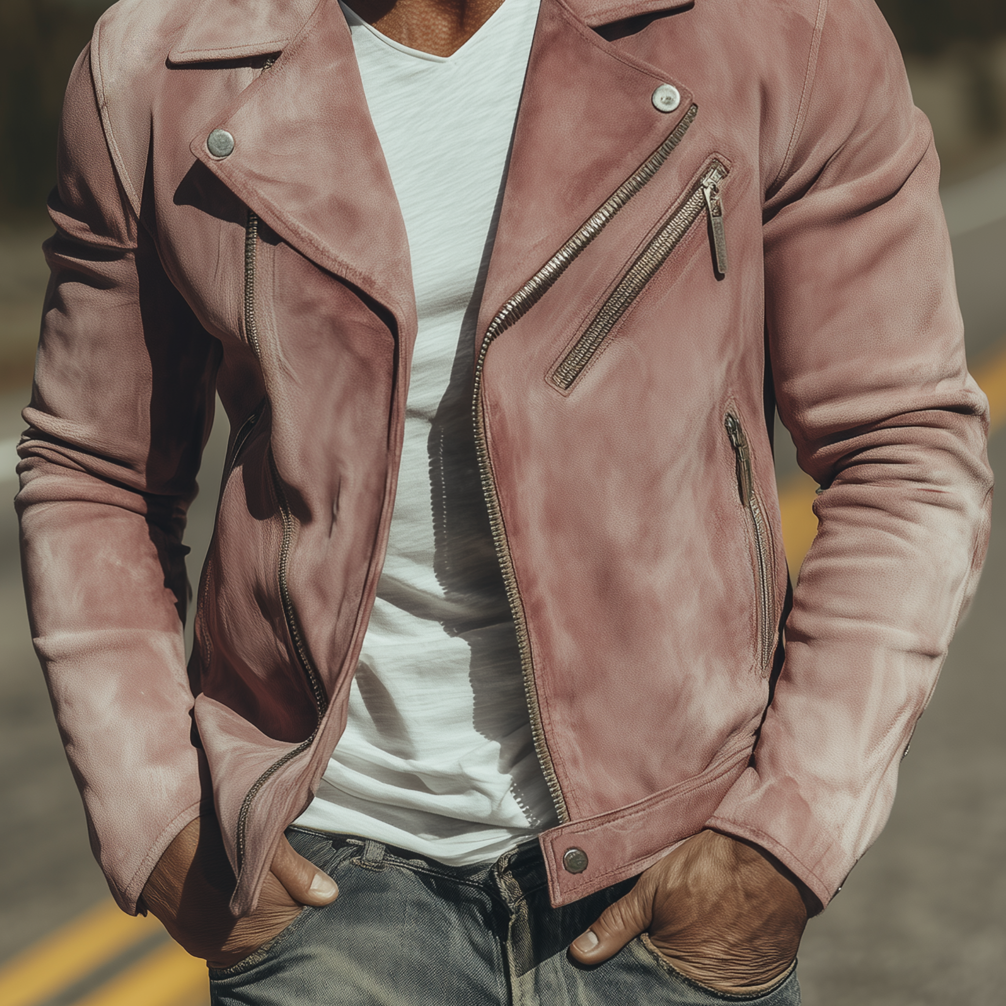 Men's Classic American Retro Lapel Pink Suede Motorcycle Jacket MTA2012H0K