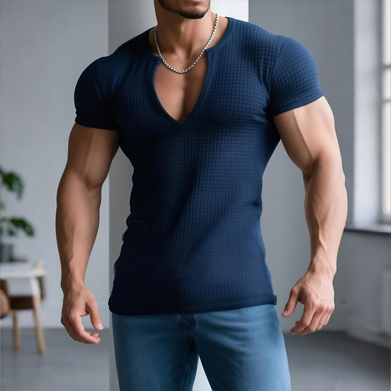Men's Retro Casual Solid Color Waffle V-Neck Short Sleeve T-Shirt MTA1965G2TO