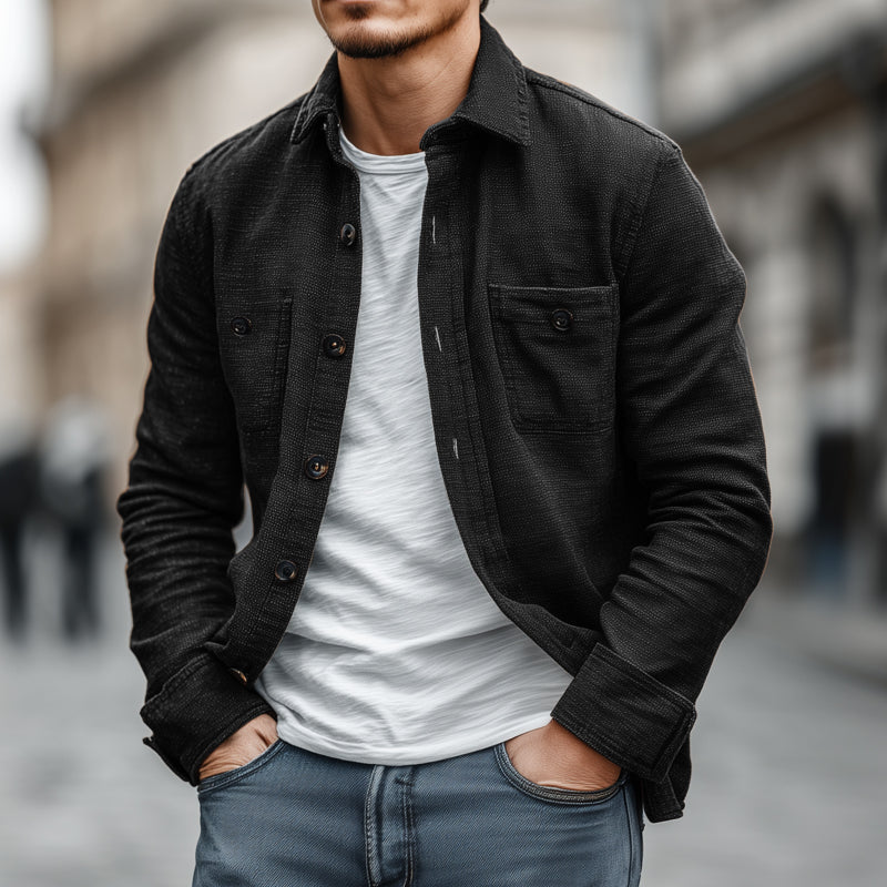 Men's Casual Solid Color Breathable Cotton Blended Lapel Chest Pocket Loose Long Sleeve Shirt MTA1756G6M