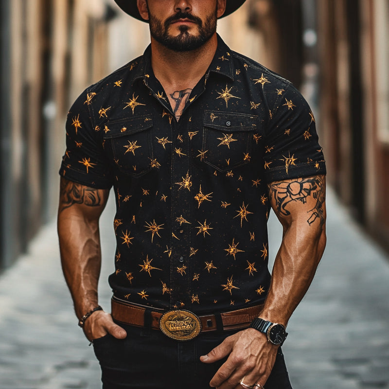 Men's Western Cowboy Star Print Short Sleeve Shirt MTA2993D7X