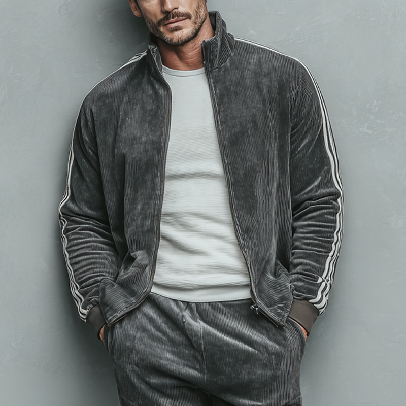 Men's Corduroy Striped Color Block Stand Collar Zip-Up Jacket MTA2995K0X