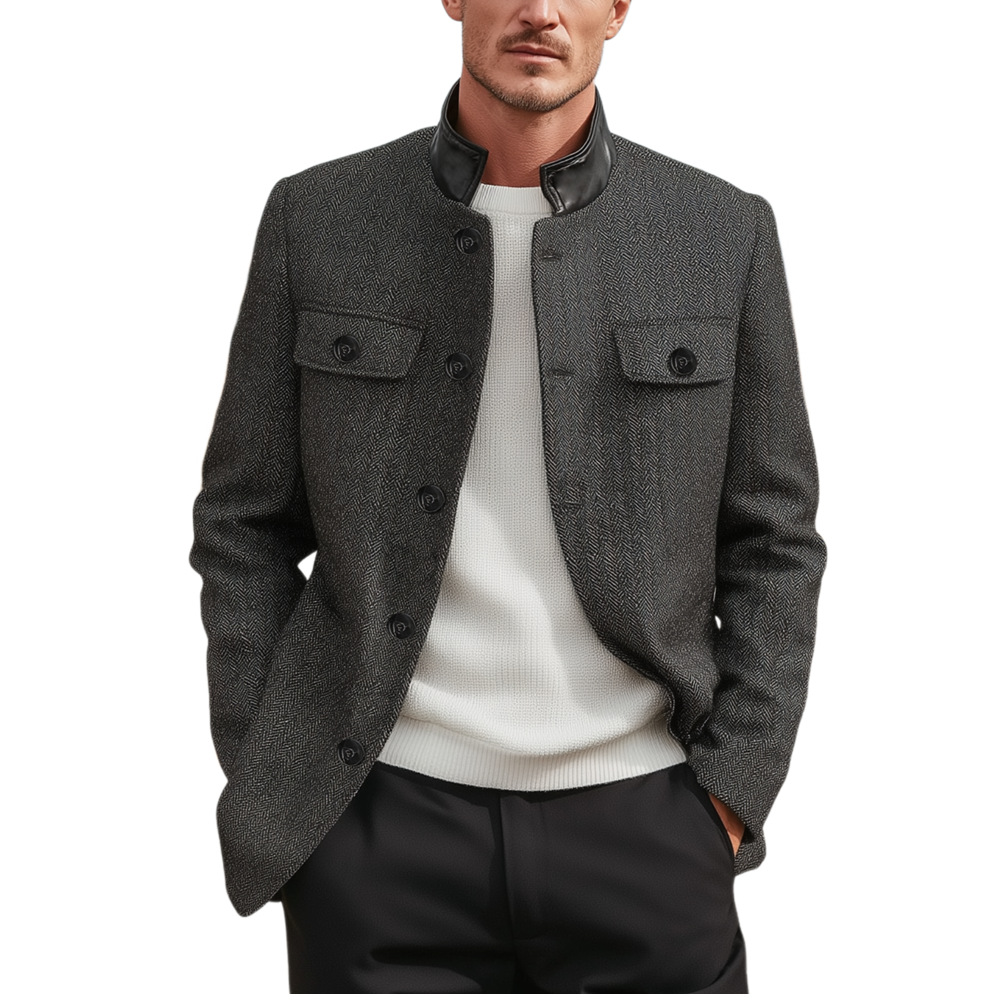 Men's Classic Vintage PU Leather Stand Collar Button Herringbone Jacket MTA1592I2K