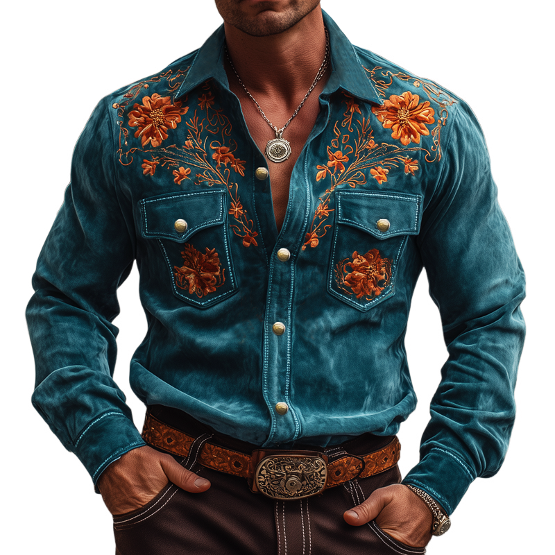 Men's Vintage Floral Embroidered Suede Long Sleeve Shirt MTA2280H1U