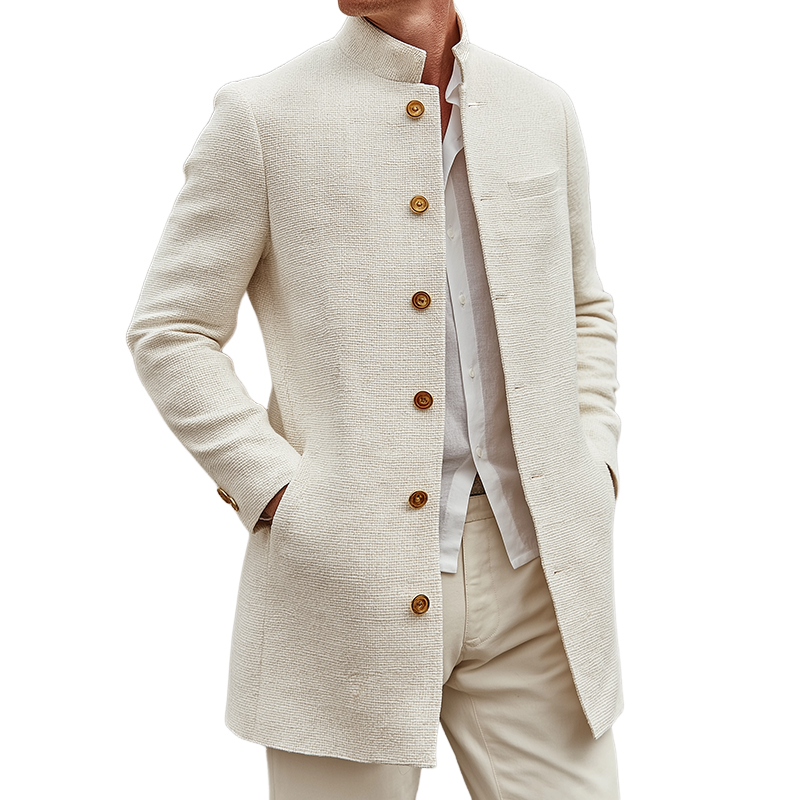 Men's Retro Casual Solid Color Tweed Stand Collar Mid-Length Coat MTA2818J9TO