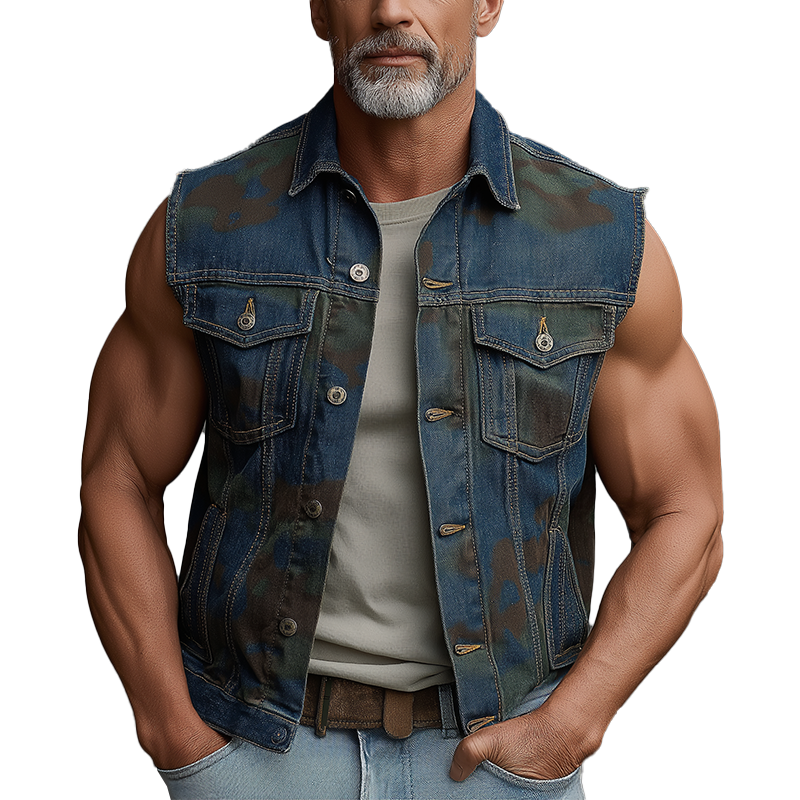 Men's Summer Fashion Camouflage Print Washed Denim Vest MTA0613F8P