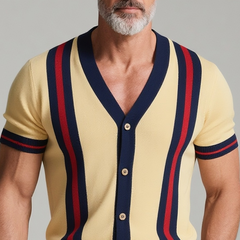 Men's Striped V Neck Short Sleeve Knit Cardigan MTA2823G8Z