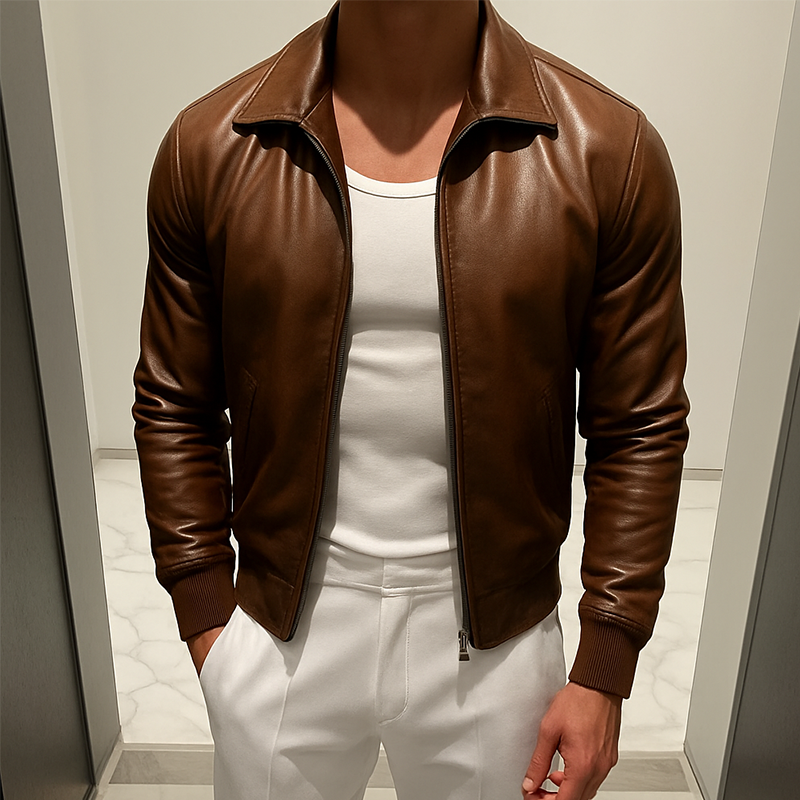 Men's Retro Casual Solid Color Lapel Cropped Zipper Leather Jacket MTA0891I7TO