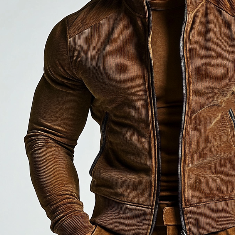Men's Solid Color Corduroy Stand Collar Zipper Slim Fit Jacket MTA2815H9X