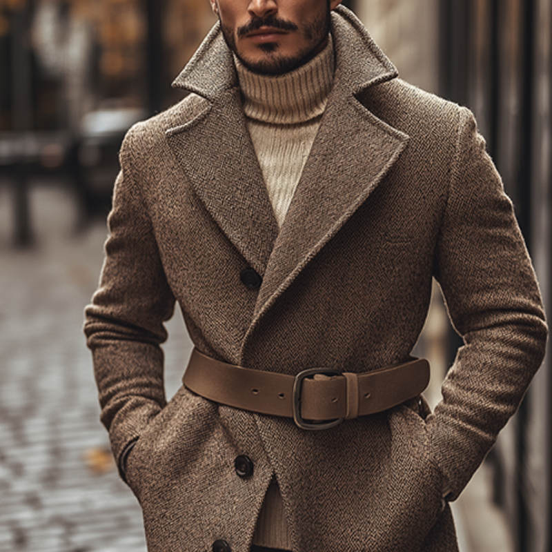 Men's Retro Casual Tweed Belt Single-Breasted Long Coat MTA0645K4TO