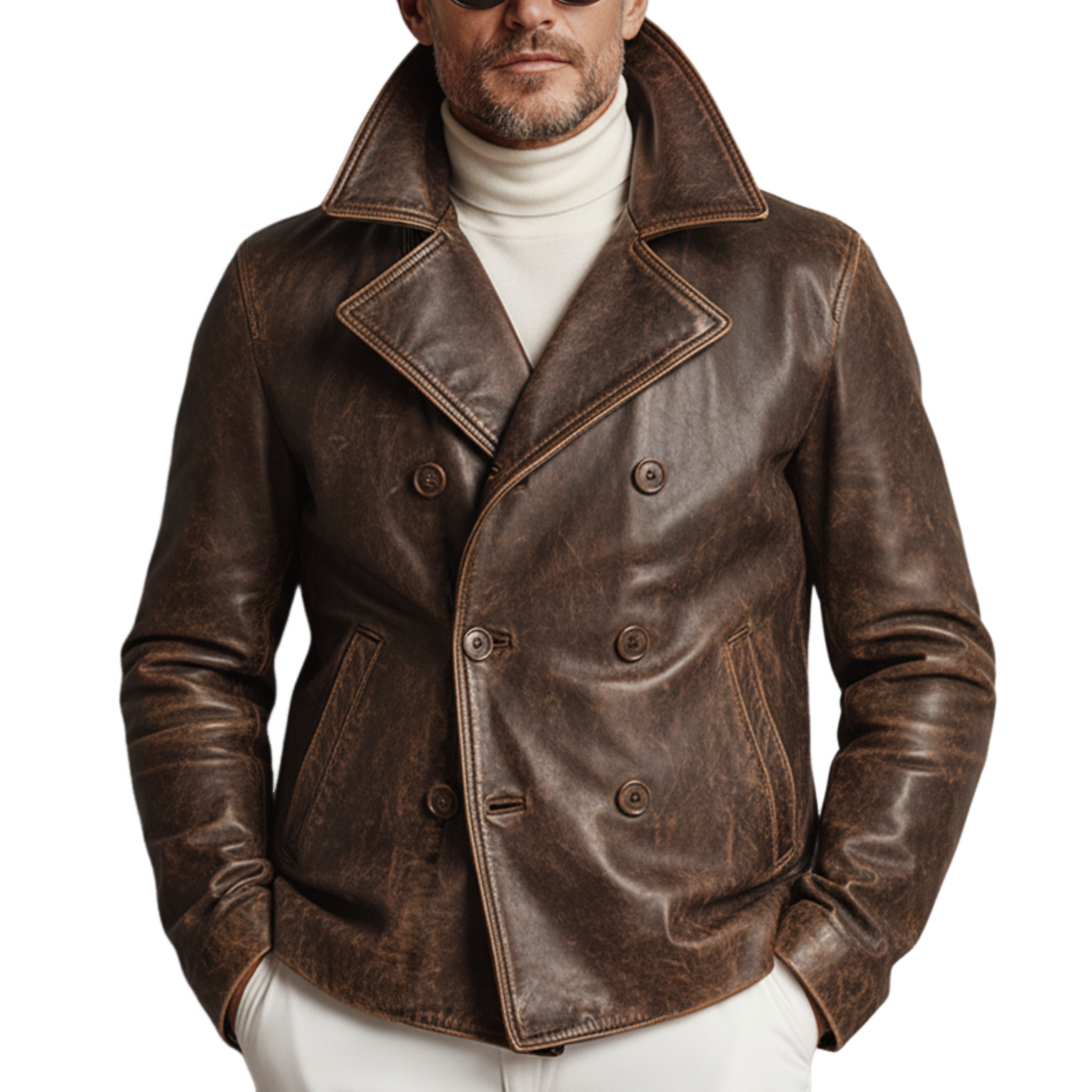 Men's Classic Vintage Distressed Lapel PU Leather Double-breasted Jacket MTA2205J0K