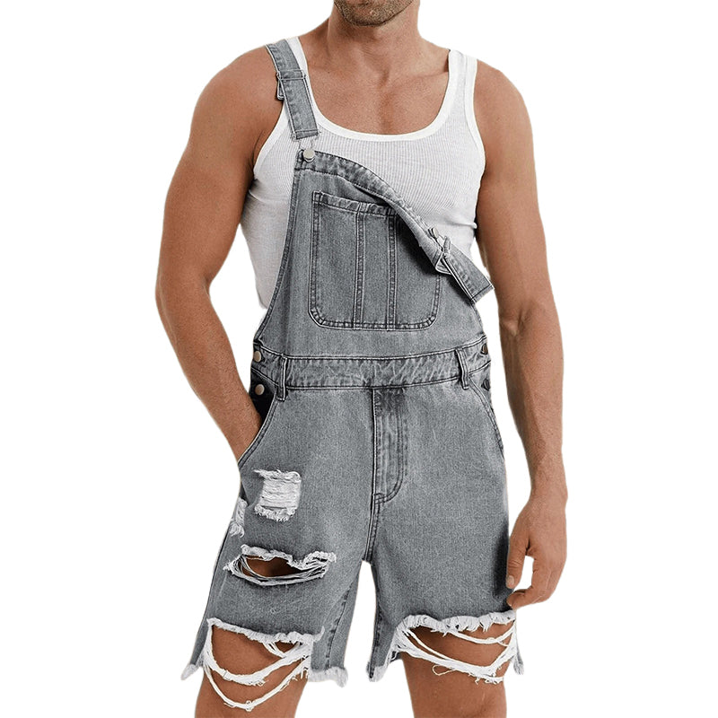Men's Vintage Washed Ripped Denim Shorts Overalls MTA2667E4X