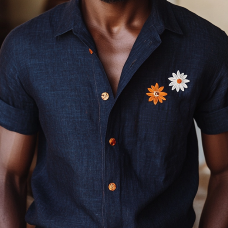 Men's Casual Daisy Embroidery Linen Lapel Slim Fit Short Sleeve Shirt MTA0807E6M