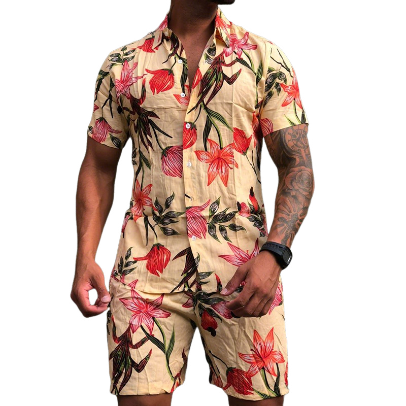 Men's Retro Casual Hawaiian Floral Print Lapel Short Sleeve Shirt Shorts Two-Piece Set MTA0666E5TO