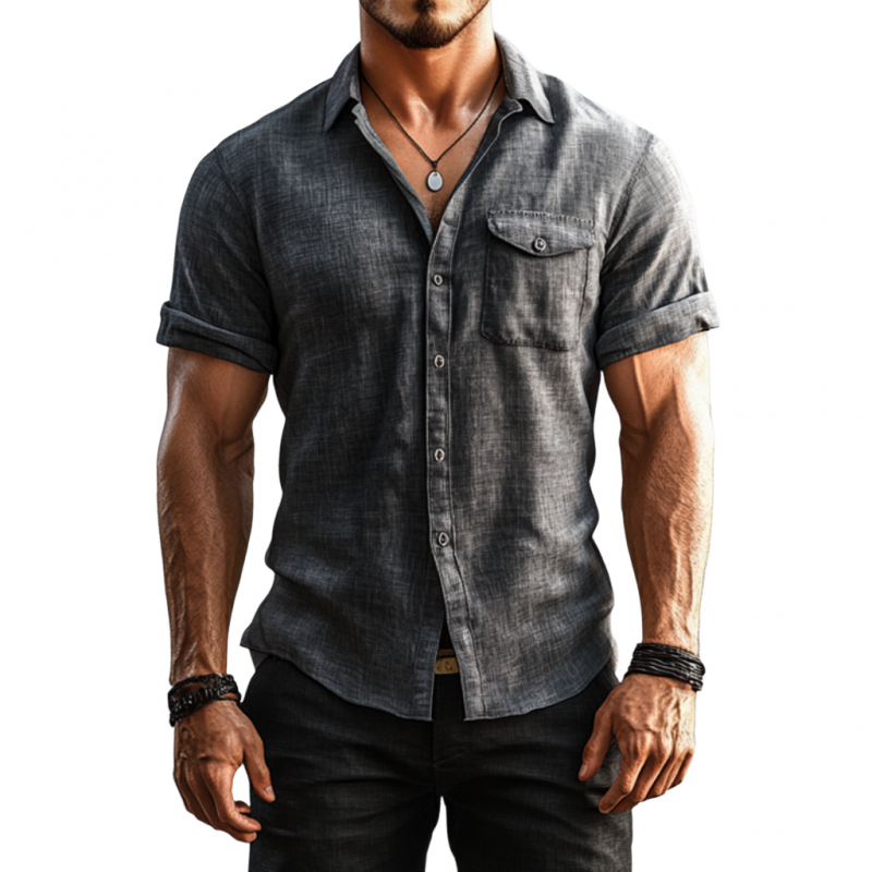 Men's Casual Breathable Linen Lapel Chest Pocket Slim Fit Short Sleeve Shirt MTA1529E4M