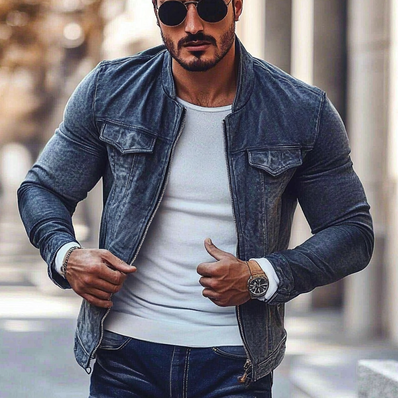 Men's Stylish Motorcycle Washed Stand Collar Zipper Denim Jacket MTA2536G4X