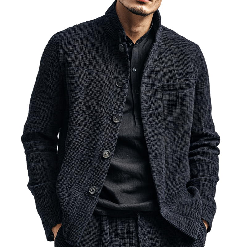 Men's Solid Textured Stand Collar Single Breasted Casual Jacket MTA1901H5Z