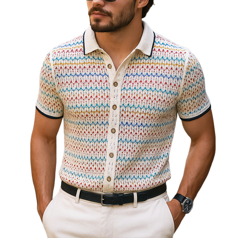 Men's Coloring Wave Striped Knit Lapel Short Sleeve Shirt MTA0446G7Z