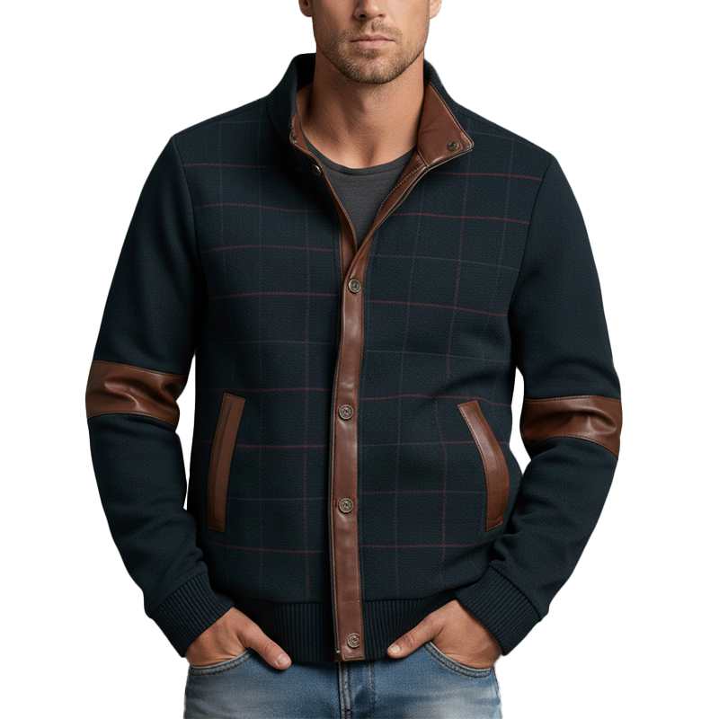 Men's Winter Retro Polar Fleece Printed PU Patch Jacket MTA2396J6P