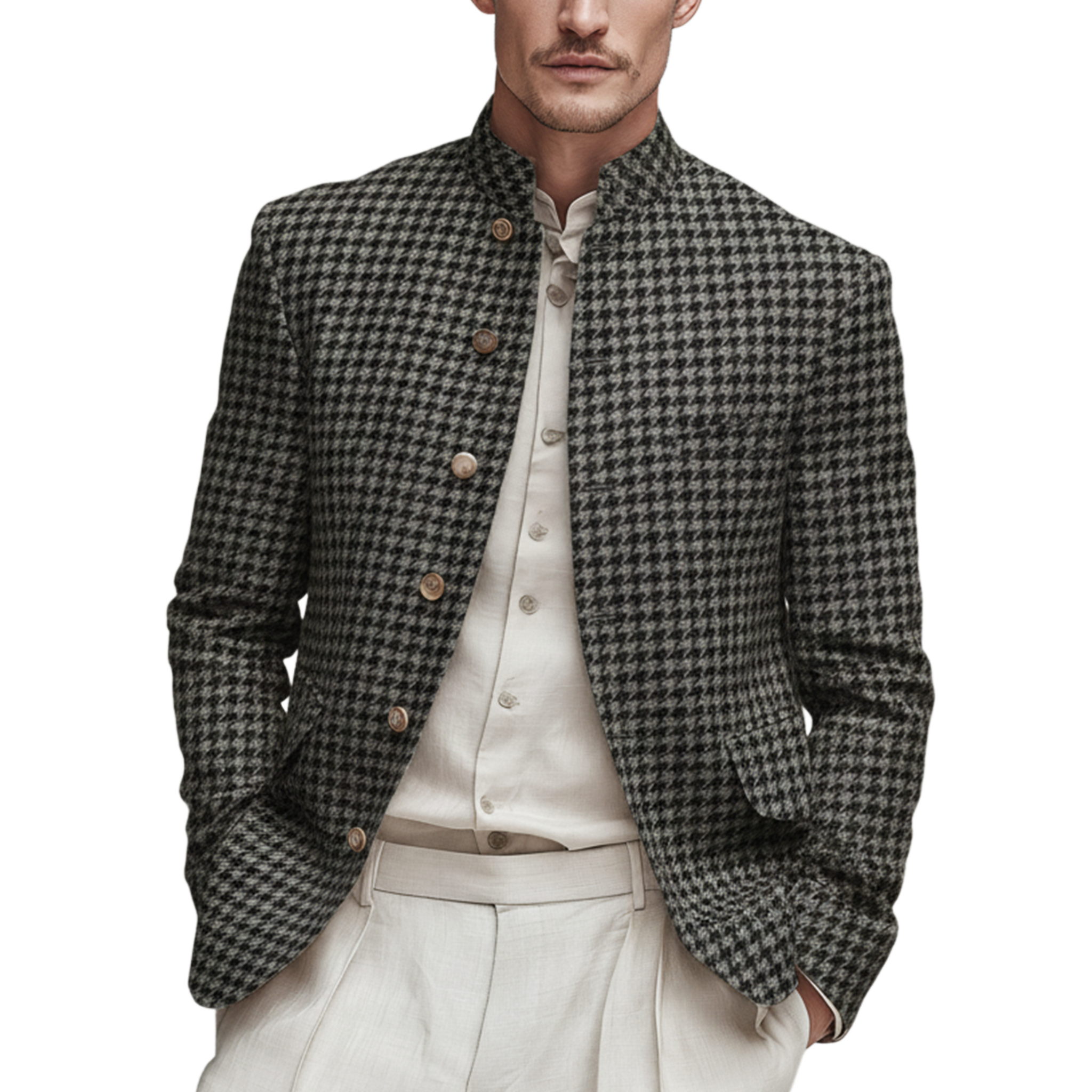 Men's Classic Retro Stand Collar Faux Houndstooth Wool Slim Fit Single-breasted Jacket MTA1187J8K
