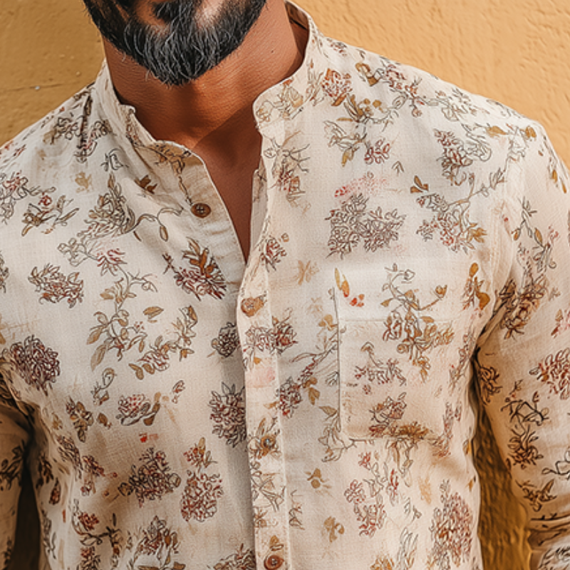 Men's Retro Casual Floral Print Linen Stand Collar Long Sleeve Shirt MTA2506G0TO
