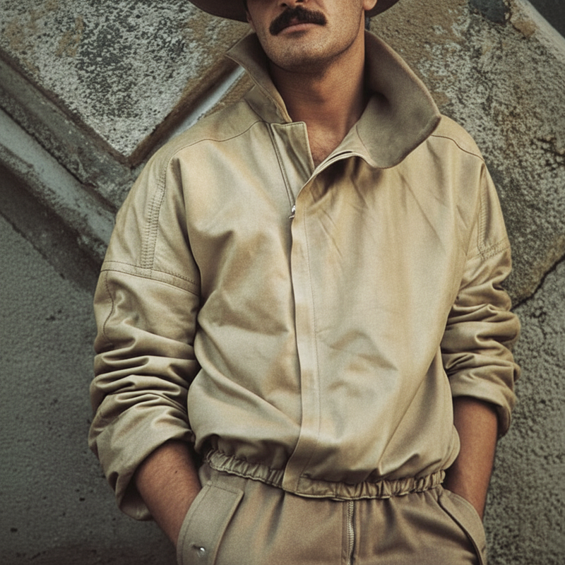 Men's Retro Light Khaki Explorer Style PU Leather Jacket MTA0631K3U