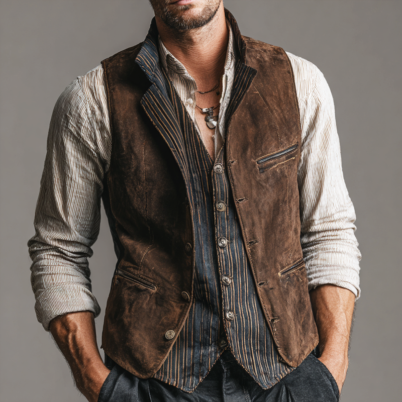 Men's Vintage Fake Two-piece Distressed Printed Faux Suede Single Breasted Vest MTA2169H2Z