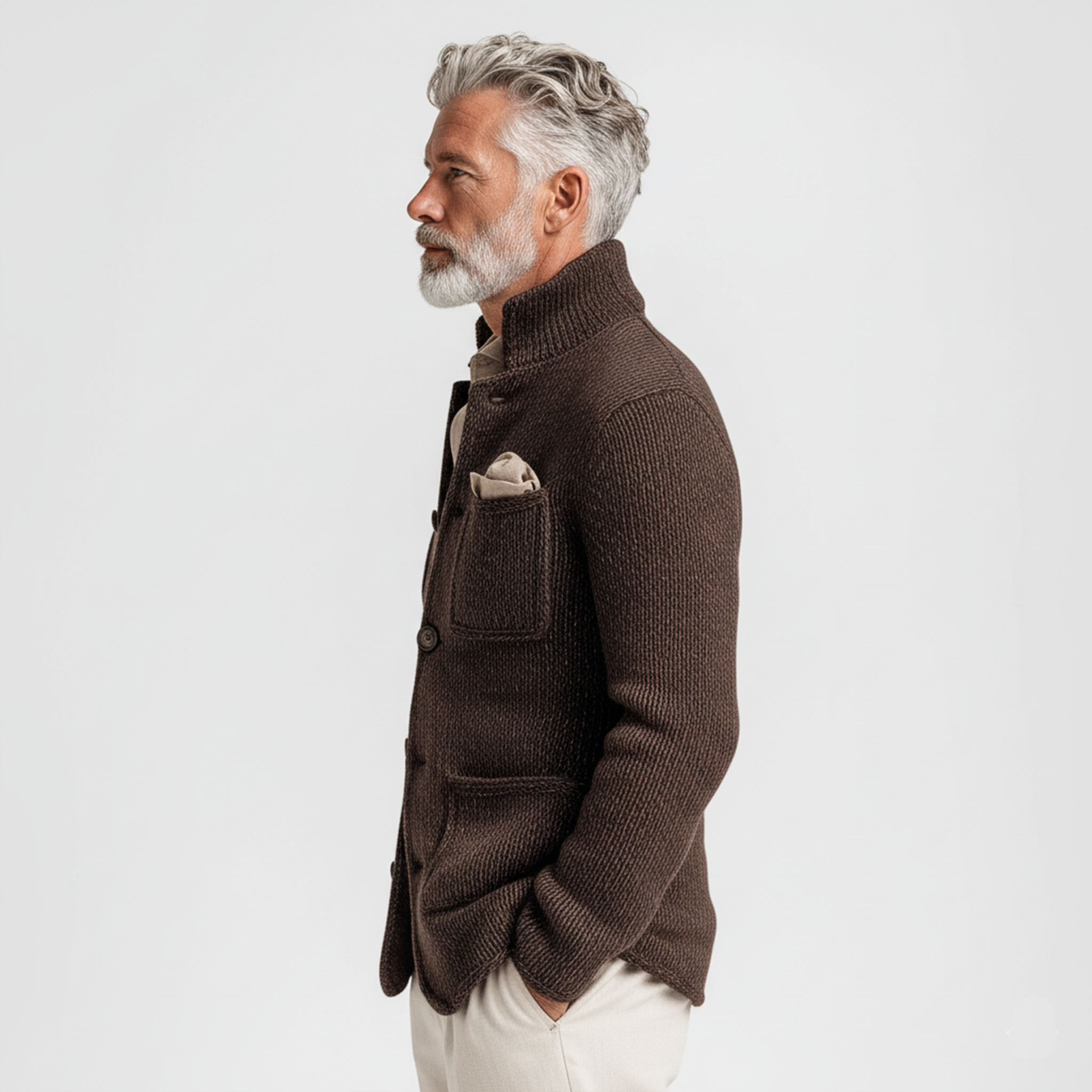 Men's Classic Casual Stand-up Collar Single-breasted Multi-pocket Knit Cardigan MTA3060J2K