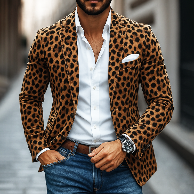 Men's Leopard Print Faux Suede Notch Lapel Two Buttons Blazer MTA0195I4Z