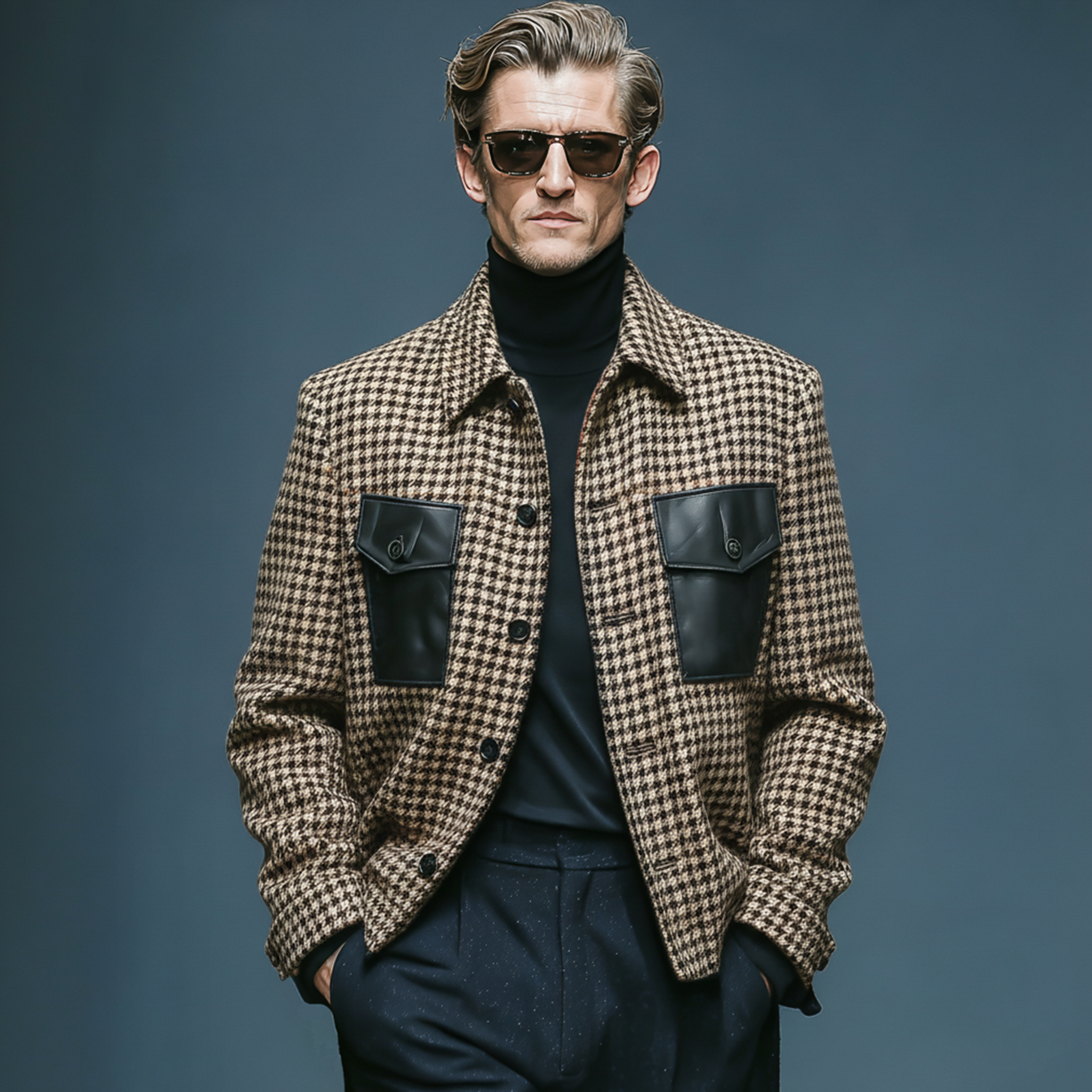 Men's Classic Retro Pocket Stitching PU Leather Lapel Faux Houndstooth Woolen Jacket MTA1109J0K