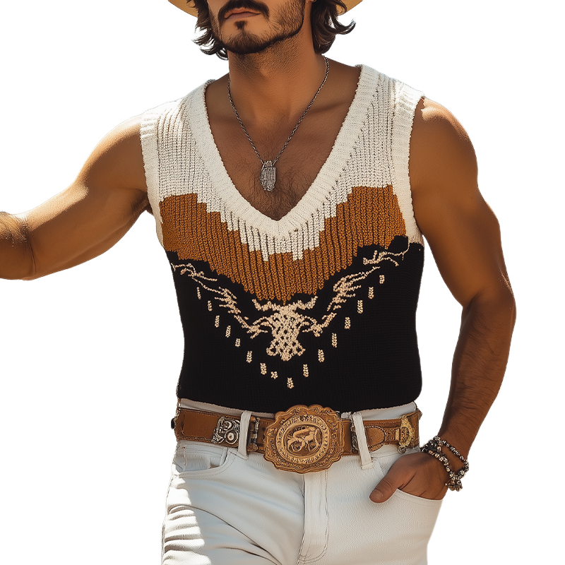 Men's Spring And Summer Fashion Casual Western Cowboy Style V-neck Slim Fit Knitted Contrast Jacquard Tank Top MTA1534E5K