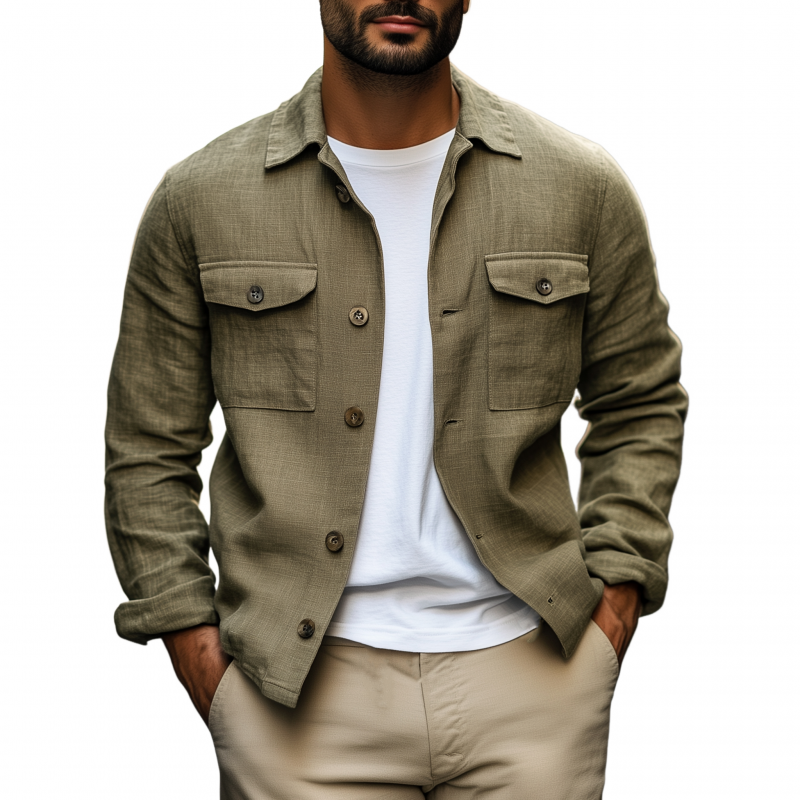 Men's Casual Solid Color Cotton Linen Blend Lapel Flap Chest Pocket Loose Shirt Jacket MTA0656H5M