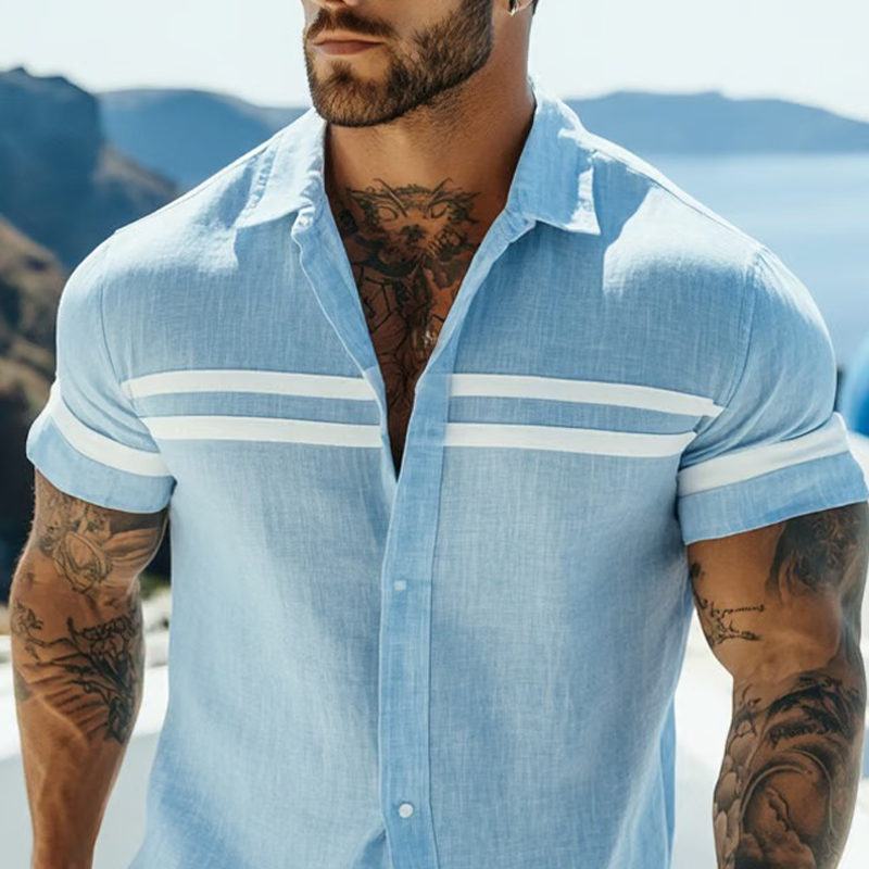 Men's Stripe Print Blended Short Sleeve Shirt MTA2380F1X