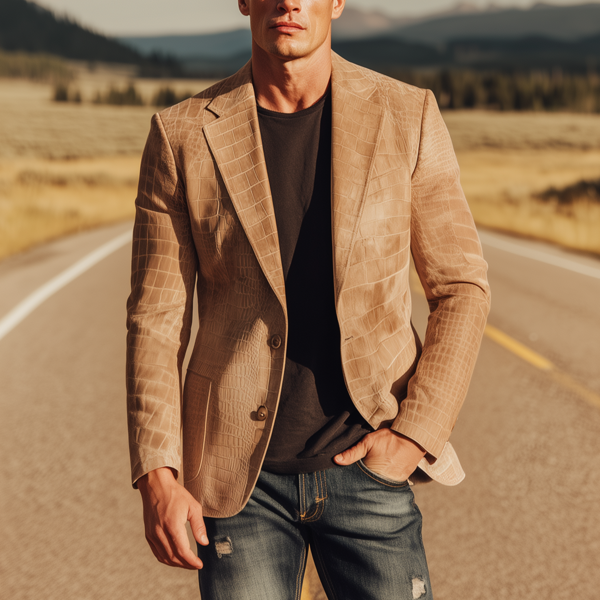 Men's Classic Retro Western Style Textured Matte Leather Single-breasted Slim-fit Blazer MTA0518H6K
