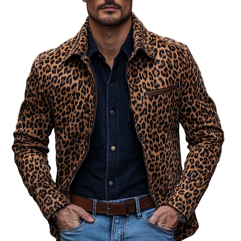 Men's Vintage Leopard Print Lapel Faux Suede Jacket MTA0118I5X