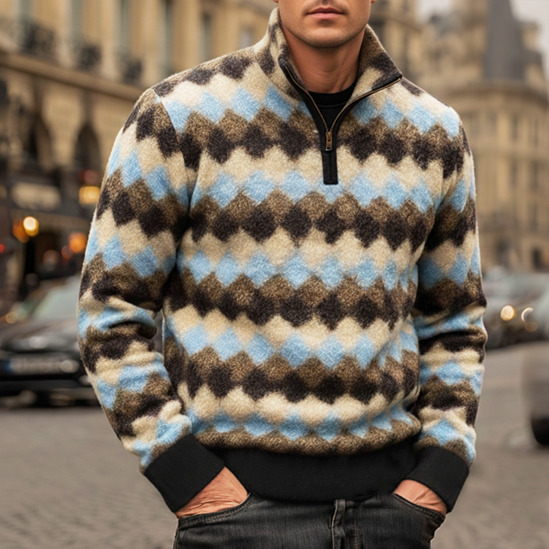 Men's Classic Colorblock Diamond Faux Lambswool Stand Collar Sweatshirt MTA1625J3U