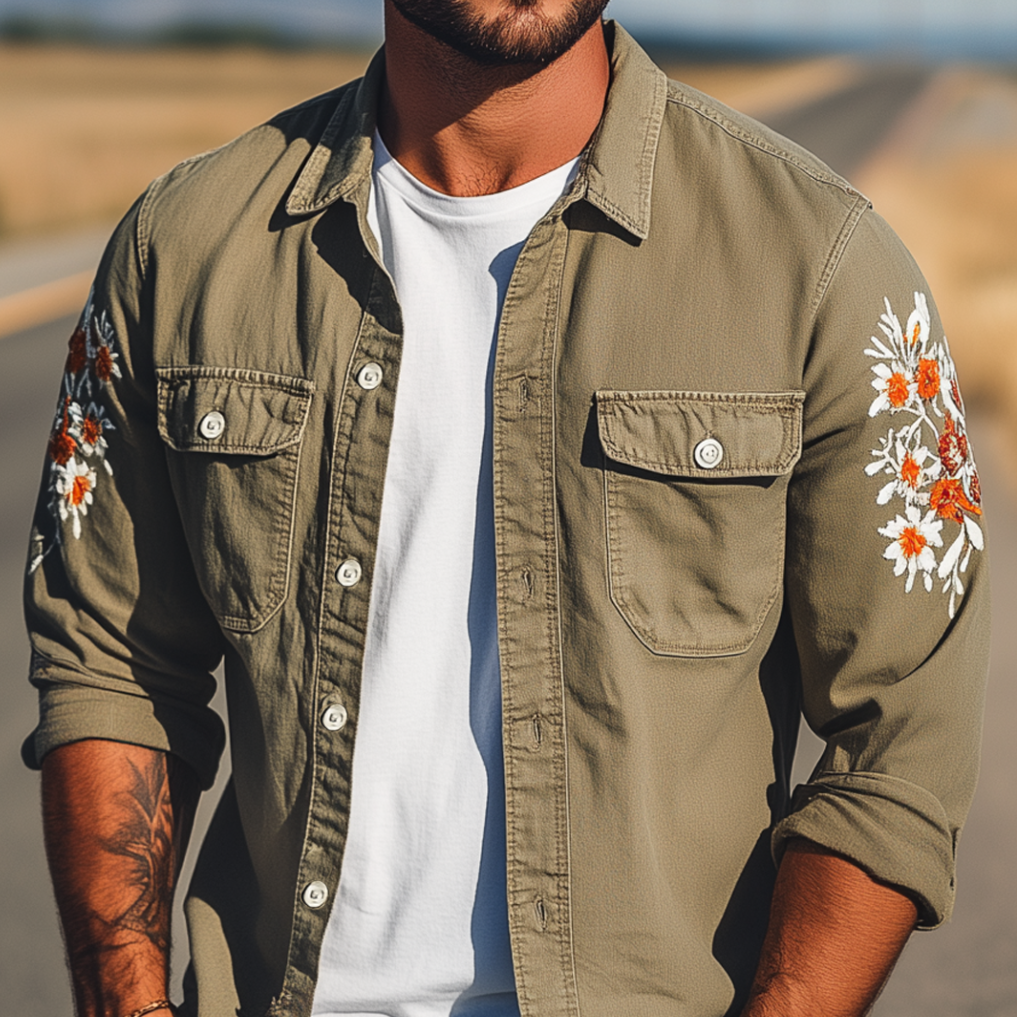 Men's Vintage Casual Washed Cotton Blend Sleeve Embroidered Long Sleeve Shirt MTA1917G1K