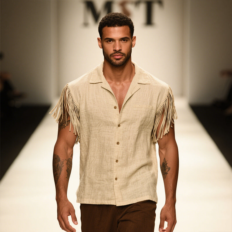 Men's Retro Casual Solid Color Linen Tassel Lapel Sleeveless Shirt MTA2907E7TO