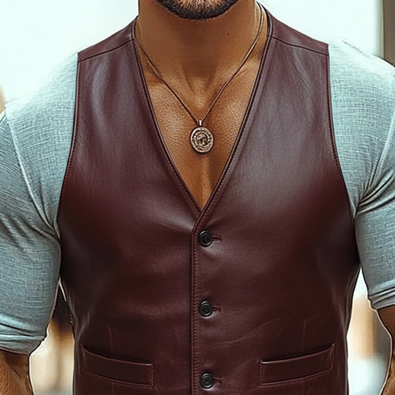 Men's Solid Color Retro V-neck PU Vest MTA0443L3X
