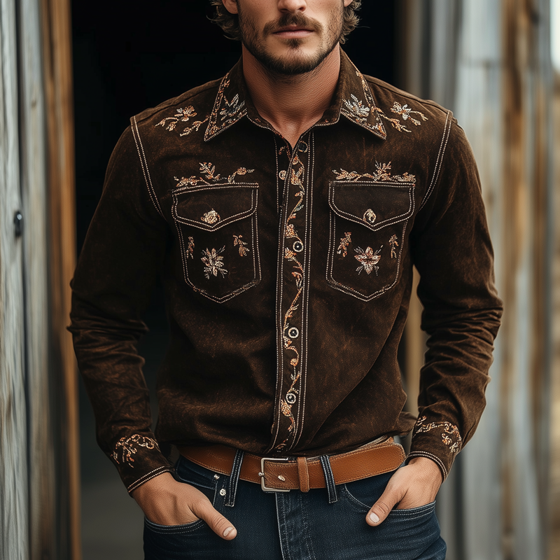 Men's Vintage Floral Embroidered Long Sleeve Lapel Shirt MTA2070H5X