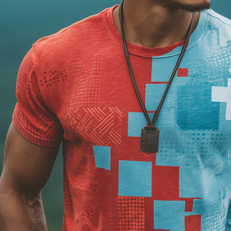 Men's Retro Casual Contrast Color Geometric Print Round Neck Short Sleeve T-Shirt MTA1866G6TO
