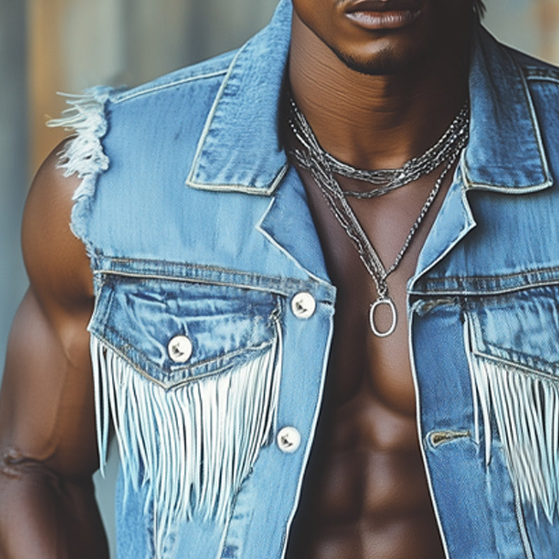 Men's Western Cowboy Style Vintage Tassel Denim Vest MTA1611E0U