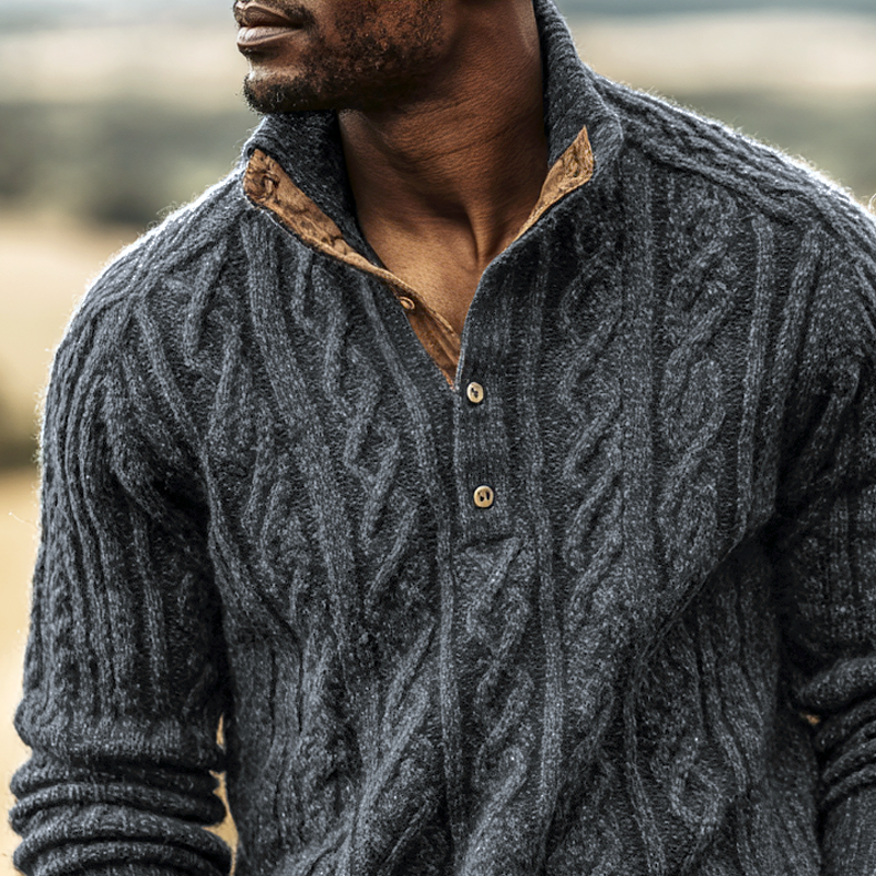 Men's Solid Cable Knit Henley Collar Long Sleeve Sweater MTA1245I9Z