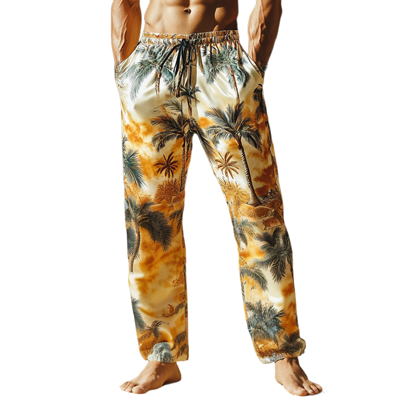 Men's Vintage Casual Satin Coconut Tree Print Beach Drawstring Straight Pants 82527246TO