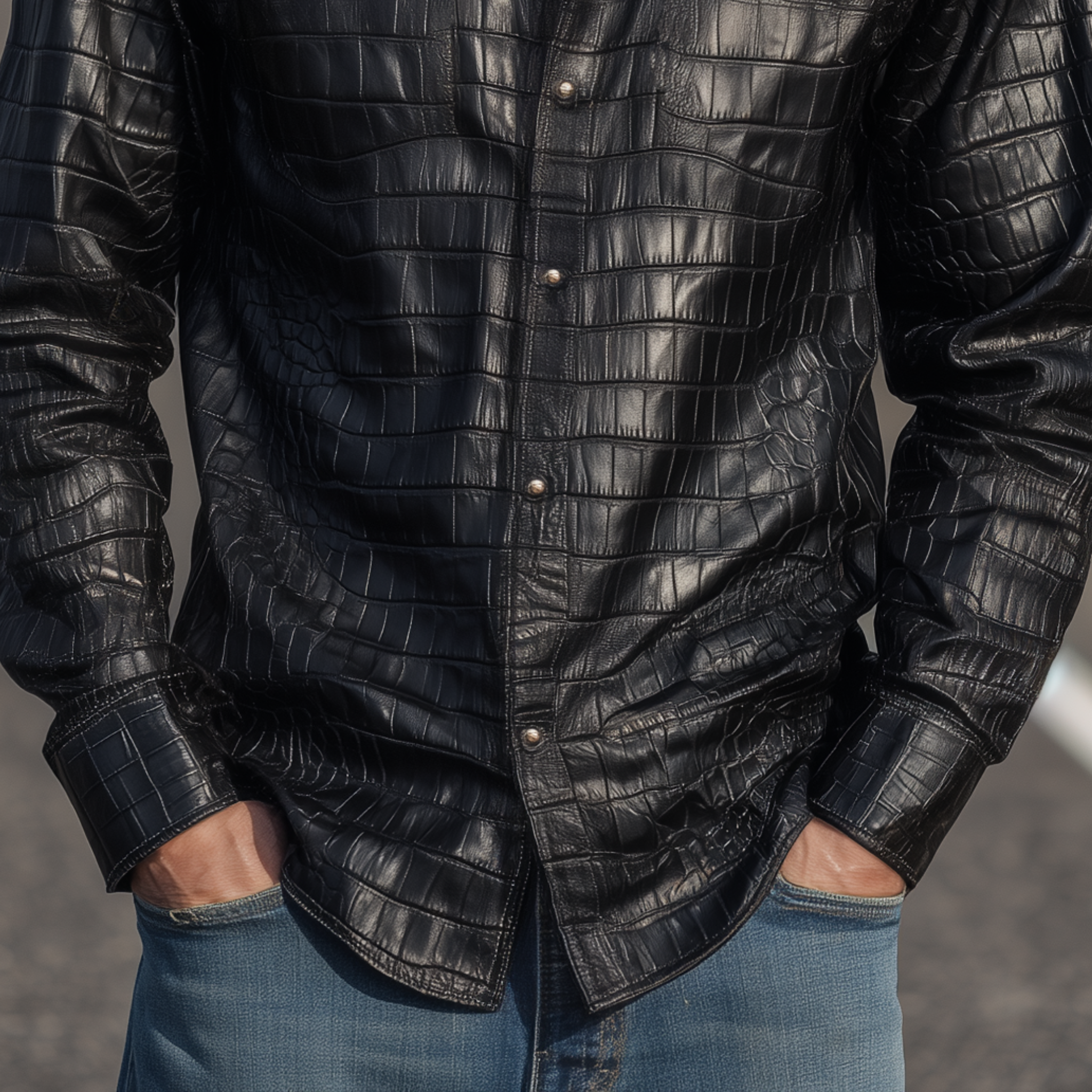 Men's Retro Fashion Textured Leather Long Sleeve Shirt MTA0779H6K