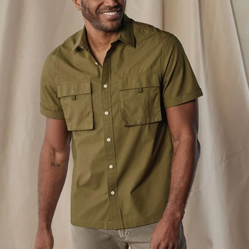 Men's Solid Color Lapel Chest Pocket Short Sleeve Cargo Shirt 27267452Z