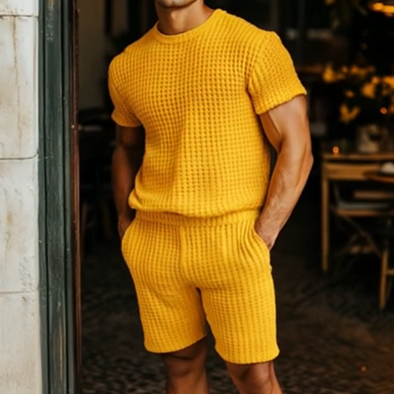 Men's Spring And Summer Fashion Casual Bright Color Round Neck Knitted Short-sleeved T-shirt Elastic Waist Knitted Shorts Set MTA2089F7K